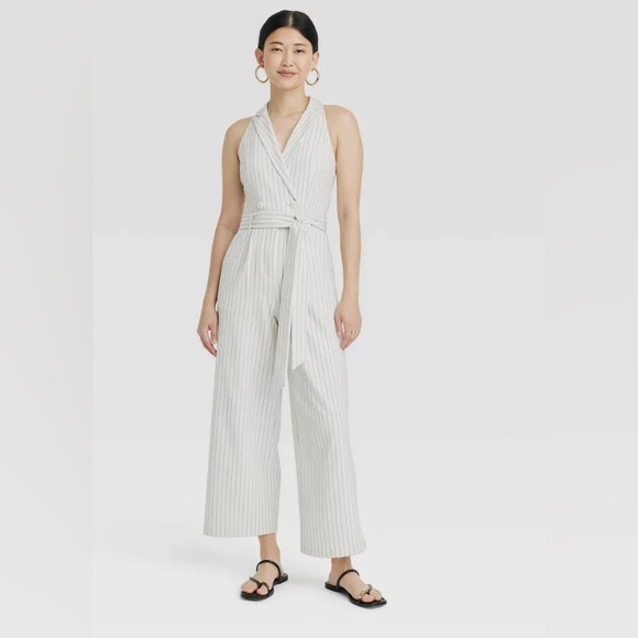 a new day Pants - a new day White Pinstripe Sleeveless V-Neck Wide-Leg Jumpsuit